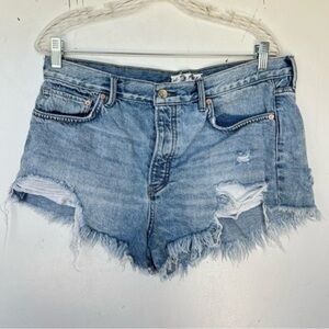 WE‎ The Free Button Up Jean Shorts Size 31 Destroyed Light Wash Raw Frayed Hem